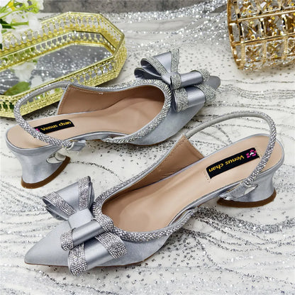 Med Heel Shoes for Women Hollowed Out Embroidery Rhinestone Italian Design Olive-green Color Pointed-Toe Shoes and Bags Set
