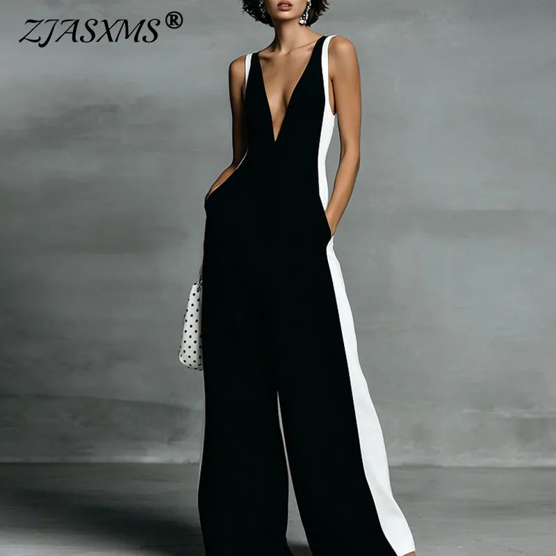 Spring Summer Sleeveless Straps Vacation Jumpsuit Woman Sexy Deep V Neck Hollow Rompers New Elegant Striped Print Beach Overalls