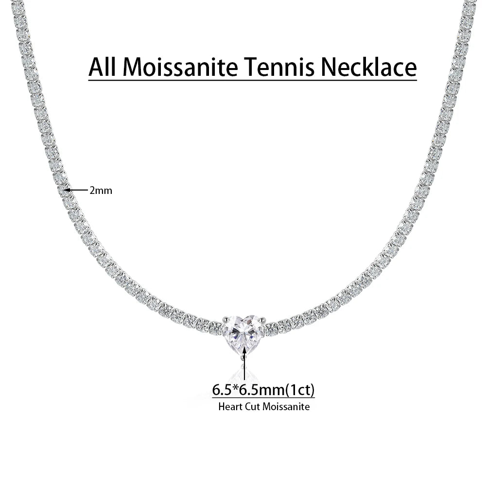 All Moissanite Tennis Necklace for Women Men Sparkling D Color 1ct Heart Cut Pendant Necklace S925 Sterling Silver Chain Jewelry
