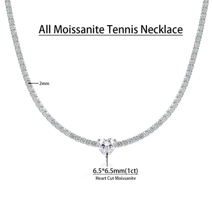 All Moissanite Tennis Necklace for Women Men Sparkling D Color 1ct Heart Cut Pendant Necklace S925 Sterling Silver Chain Jewelry