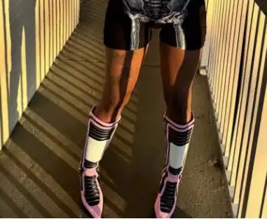 Pink White Black Patchwork Leather Motorcycle Knee High Boots Women Pointed Toe Thin Heels Run Way Long Riding Boots Shoes Lady