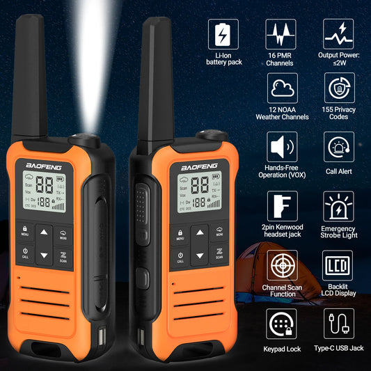2pcs Baofeng F22/T22 Mini Walkie Talkie PMR Long Range Rechargable Portable Two Way Radio Type-C Charger VOX for Camping Trip