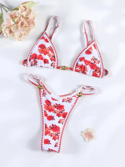 Floral Print Bordered Bikini Set Sexy Swimwear Women 2026 Bikinis Swimsuit Micro Thong Bandage Bathing Suits