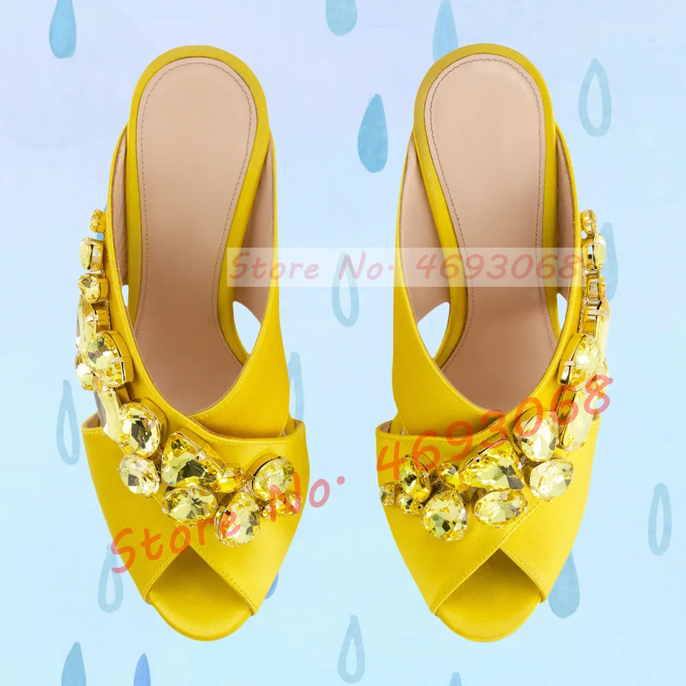 Gems Silk Chunky High Heels Slippers Women Luxury Cross Strap Rhinestone Mules Ladies Stylish Summer Bling Open Toe Party Shoes