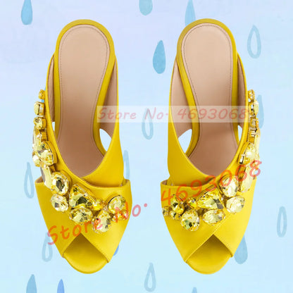 Gems Silk Chunky High Heels Slippers Women Luxury Cross Strap Rhinestone Mules Ladies Stylish Summer Bling Open Toe Party Shoes