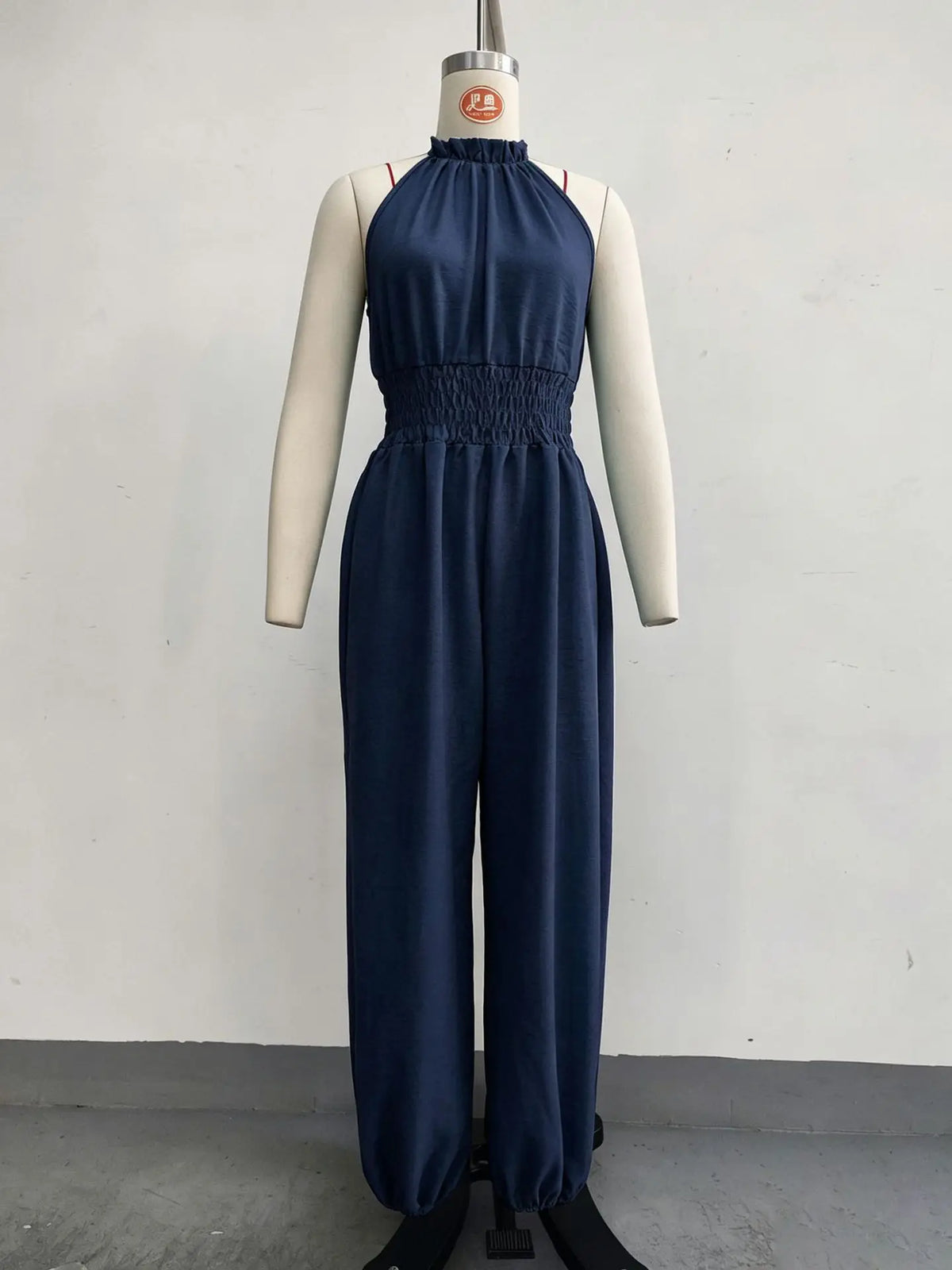 Summer Sexy Halter Sleeveless Pleated Jumpsuit Women Fashion Solid Elastic Waisted Wide Leg Jumpsuit Casual Loose Rompers Street