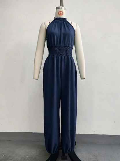 Summer Sexy Halter Sleeveless Pleated Jumpsuit Women Fashion Solid Elastic Waisted Wide Leg Jumpsuit Casual Loose Rompers Street