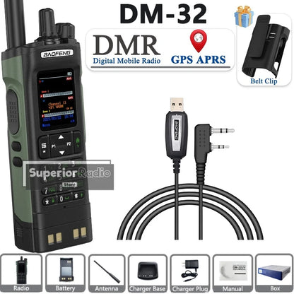 BAOFENG DM-32 Walkie Talkie with Belt Clip Hoster DMR Digital Radio GPS APRS Dual Mode Analog 999 Channel Type-C Dual Time Slots