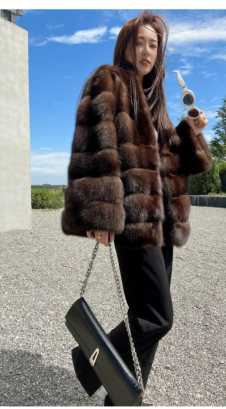 Lautaro Autumn Winter Elegant Luxury Chic Thick Warm Striped Hairy Faux Sable Fur Coat Women V Neck High Quality Fluffy Jacket