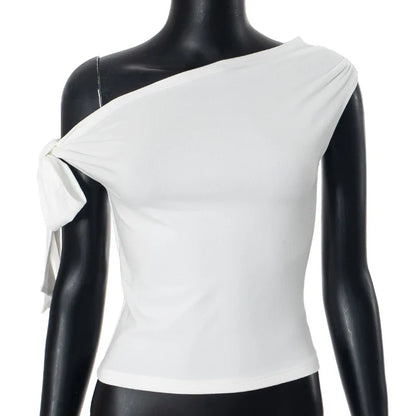 2025 Women'S Summer Ins Style New Shrink Pleated One-Shoulder Crop Top Backless Twist Tie Asymmetric T-Shirt Casual Top