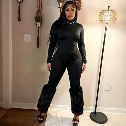 FLARORA Sexy Faux Fur Patchwork Jumpsuits Woman Turtleneck Full Sleeve Skinny Peach Hip Jumpsuit Midnight Party Club Overalls
