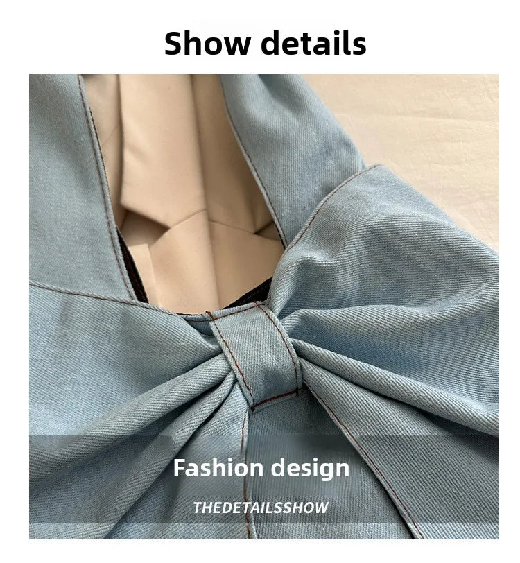 Sweet Bowknot Design Women's Denim Shoulder Bags Commuter Thread Ladies Handbags Casual Lightweight Female Underarm Tote Bag