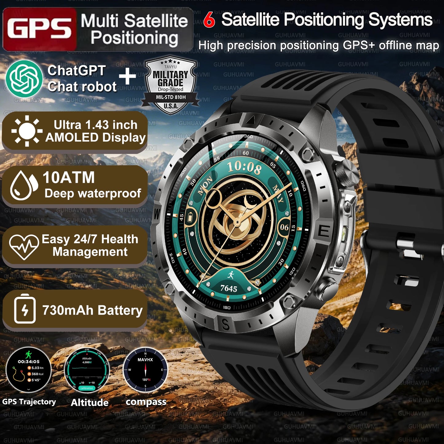 2026New Military Tank GPS SmartWatch Offline Map 10ATM Swim 2GB RAM Music Altitude Compass Bt Call Fitness Sports Smartwatch Men