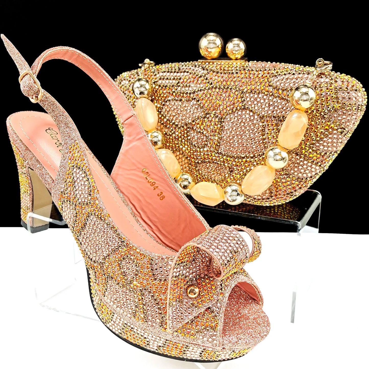 Nigerian Fashion Design Girly Style Party Shoes And Bag Sexy High Heels And Full Diamond Dual Purpose Mini Bag Women's Shoes