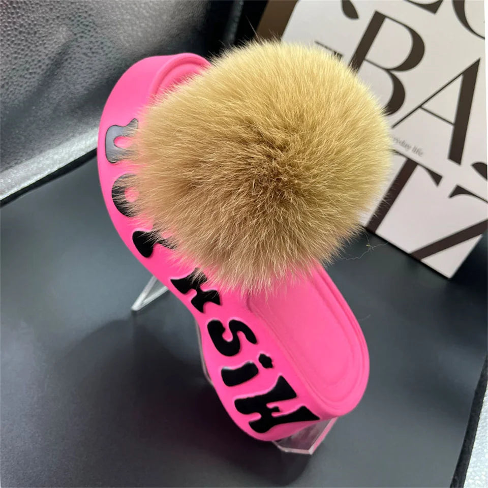 Real Fox Fur Slippers for Woman Luxury 2025 Slippers Summer Woman Sandals Thick Sole Pink Fur Slippers Fluffy Slides for Woman