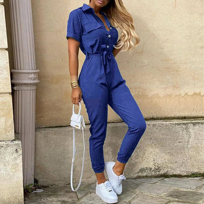2025 New Women's Jumpsuit Casual Workwear Summer Romper with Print Button-up Lapel Waist Belt Slim Fit One Piece Pants Set Fashi