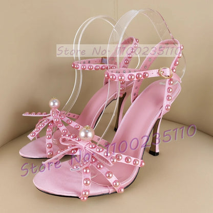 Pink Pearl Bowknot High Heels Sandals Women Sweet Luxury Cross Strap High Heels Sandals Women Luxury Elegant Party Shimmer Shoes