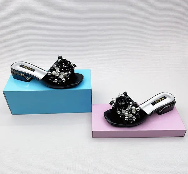 Women Purple Block Heels 3cm Slippers To Match Shoes And Bag Crystal Flowers High Heeled Slides For Summer Fashionable Shoes 43