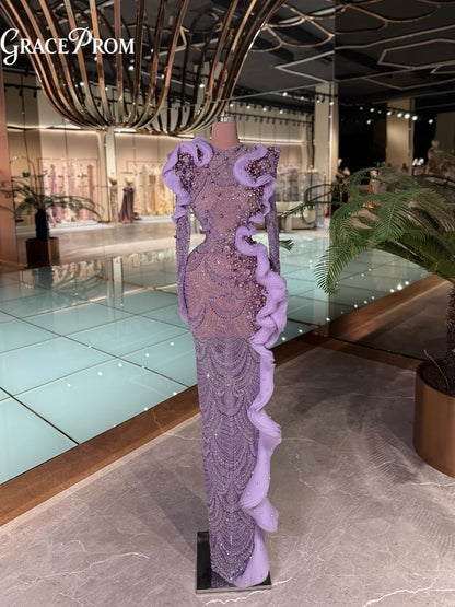Exquisite Lavender Beaded Evening Gown Dreamy Sheer Neckline Ruffled Pearl Trim Formal Party Dress Wedding Guests فساتين سهرة