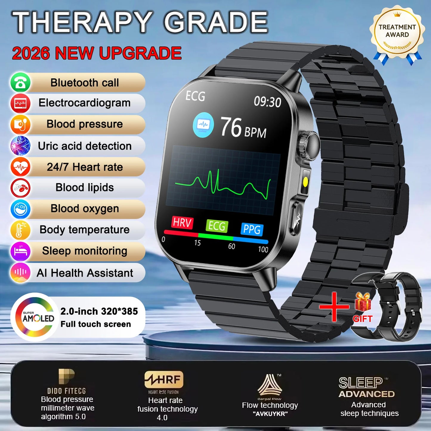 2026 New Body Analysis Health Smart Watch ECG+PPG Uric Acid Blood Pressure Blood Oxygen Clock Call AMOLED Smart Watch Men Women