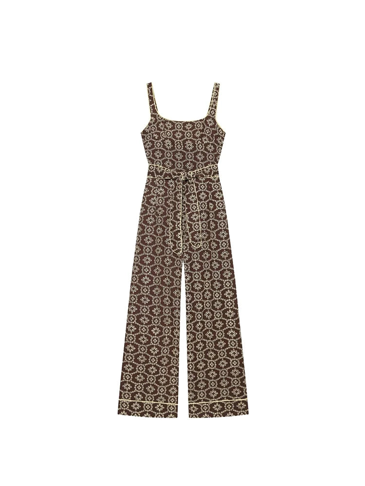 TFMLN New Women's Floral Embroidered Jumpsuits High Waist Casual Sleeveless Wide Leg Long Romper With Belt Fashion Summer