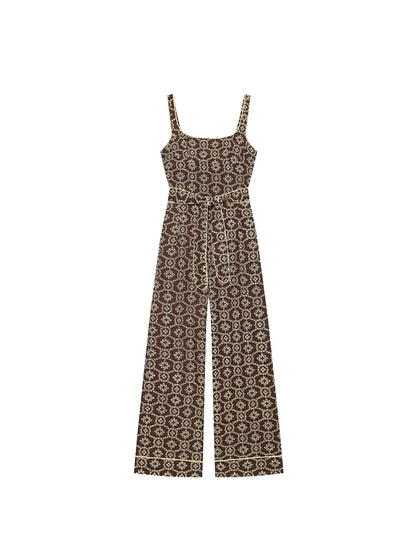 TFMLN New Women's Floral Embroidered Jumpsuits High Waist Casual Sleeveless Wide Leg Long Romper With Belt Fashion Summer