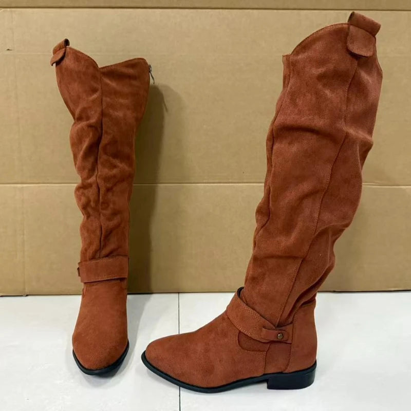 Women's Boots Suede Mid-Calf Boots Low Heel Side Zip Women Casual Shoes Autumn Winter Knee High Boot Retro Plus Size Long Boots