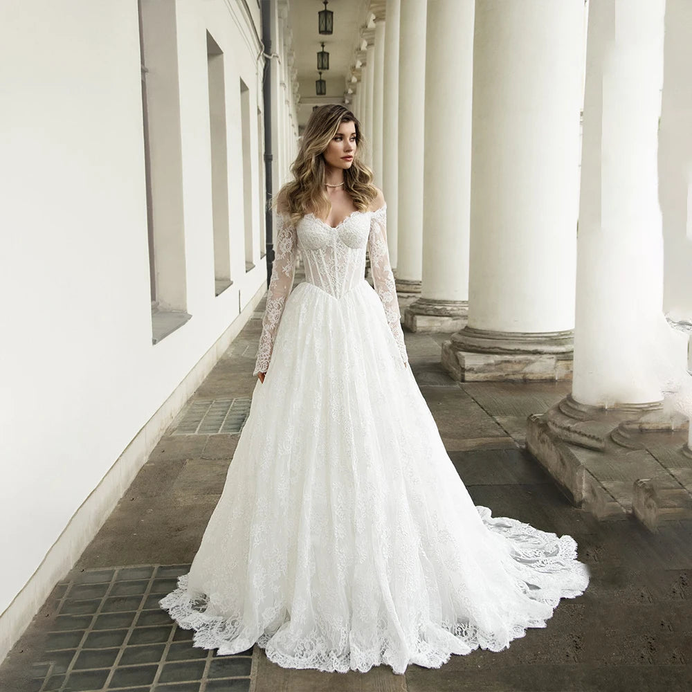 White Lace Wedding Dresses Off Shoulder Long Sleeve A Line Bride Dress Strapless Long Train Summer Garden Bridal Gown Customized