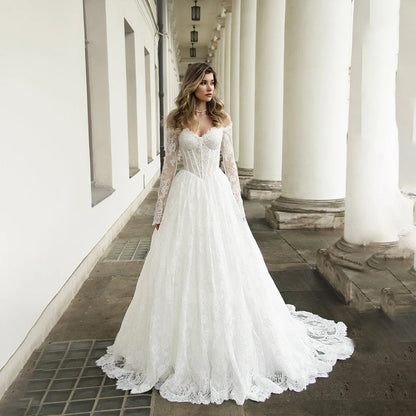 White Lace Wedding Dresses Off Shoulder Long Sleeve A Line Bride Dress Strapless Long Train Summer Garden Bridal Gown Customized