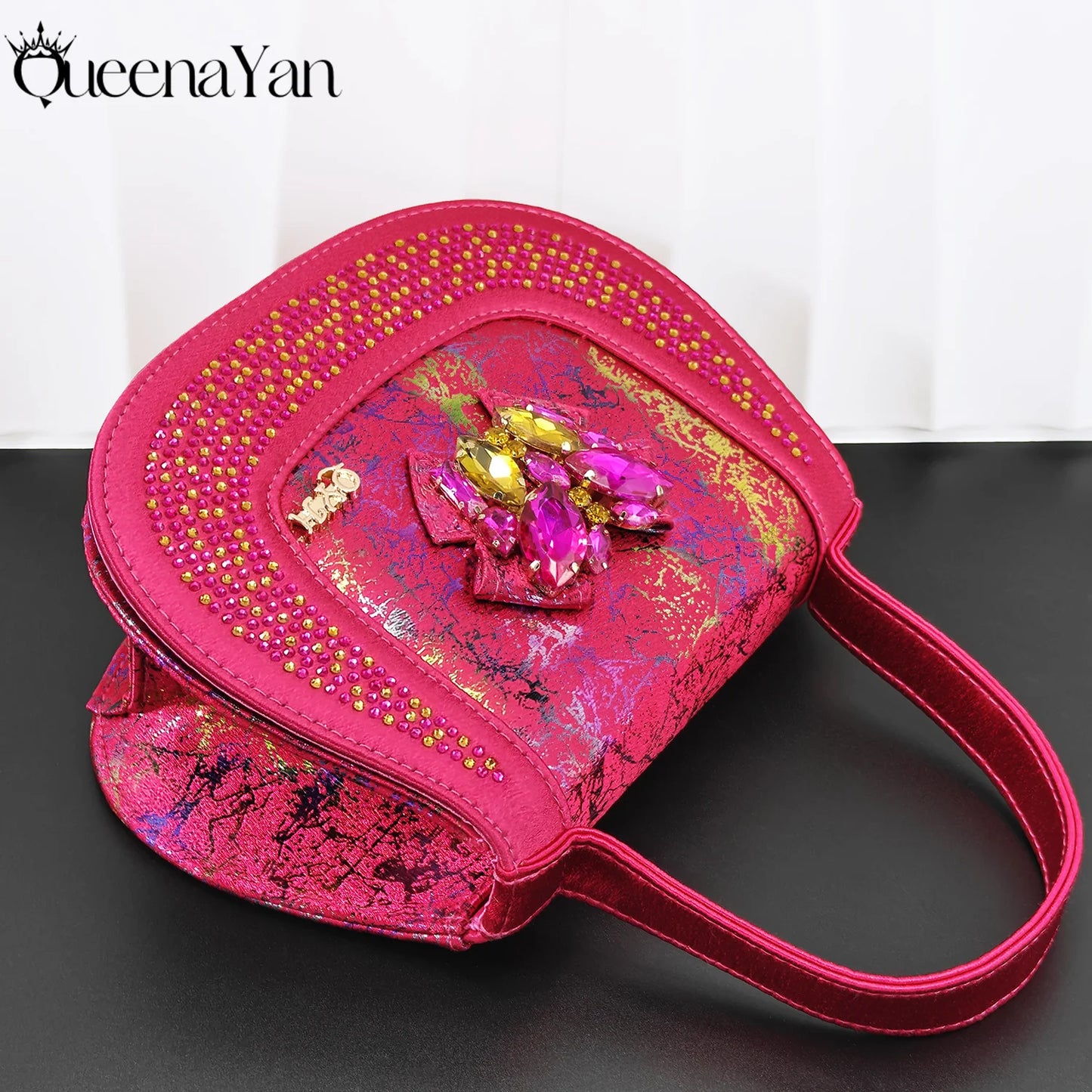 Print Design Mature Style Fuchsia Color Essential for Banquets, Exquisite HandBag with Sexy High-Heeled Peep Toe Lady Shoes