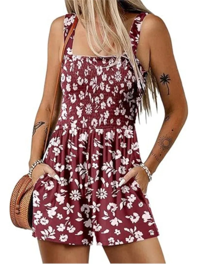 Femmes Print Jumpsuit Fashion Boho Beach Party Jumpsuits Lady Casual Sleeveless Pockets High Waist Shorts Jumpsuits Summer New