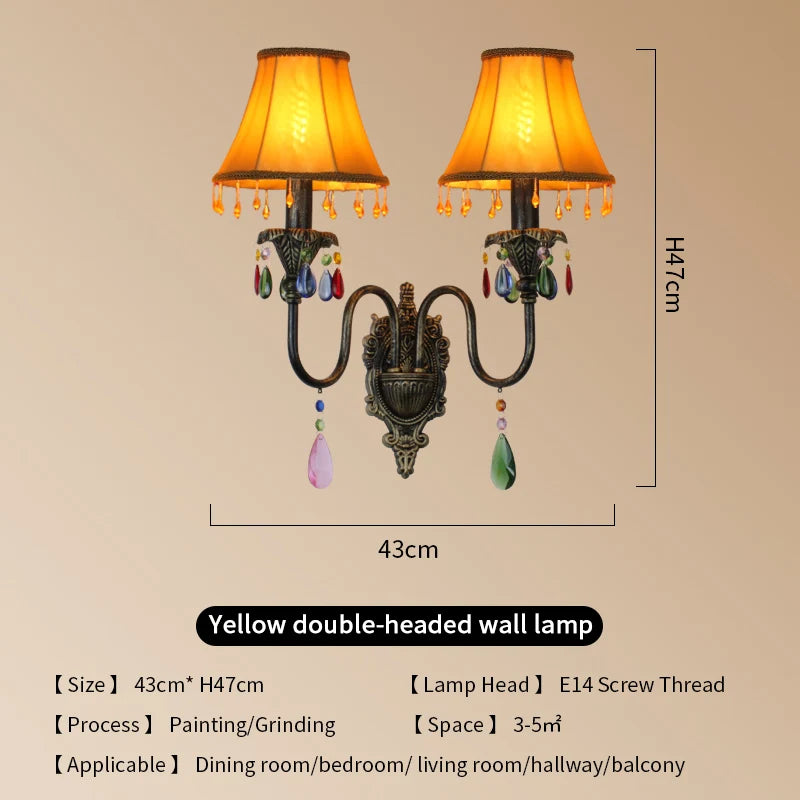 Retro American European Iron Art Red Cloth Crystal Wall Lamp for Hall Restaurant Bedroom Walkway Hotel Bar Decorative Wall Light