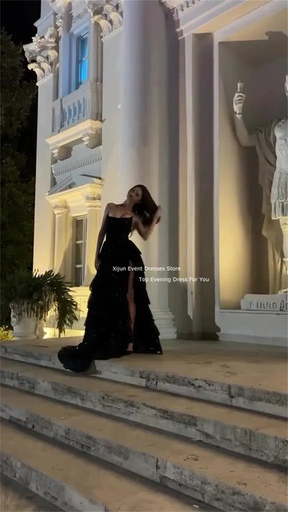 Xijun Glitter Black Long Evening Dresses Sleeveless Princess Tiered Ball Gowns Formal Occasion Graduation Party Dress For Teens