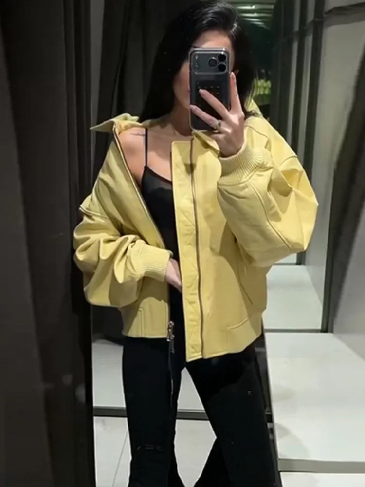 Faux Leather Bomber Jacket Oversized Collared Long Sleeve 2026 Spring Edgy Women Faux Leather Coat Fashion  Bold Lady Outerwear
