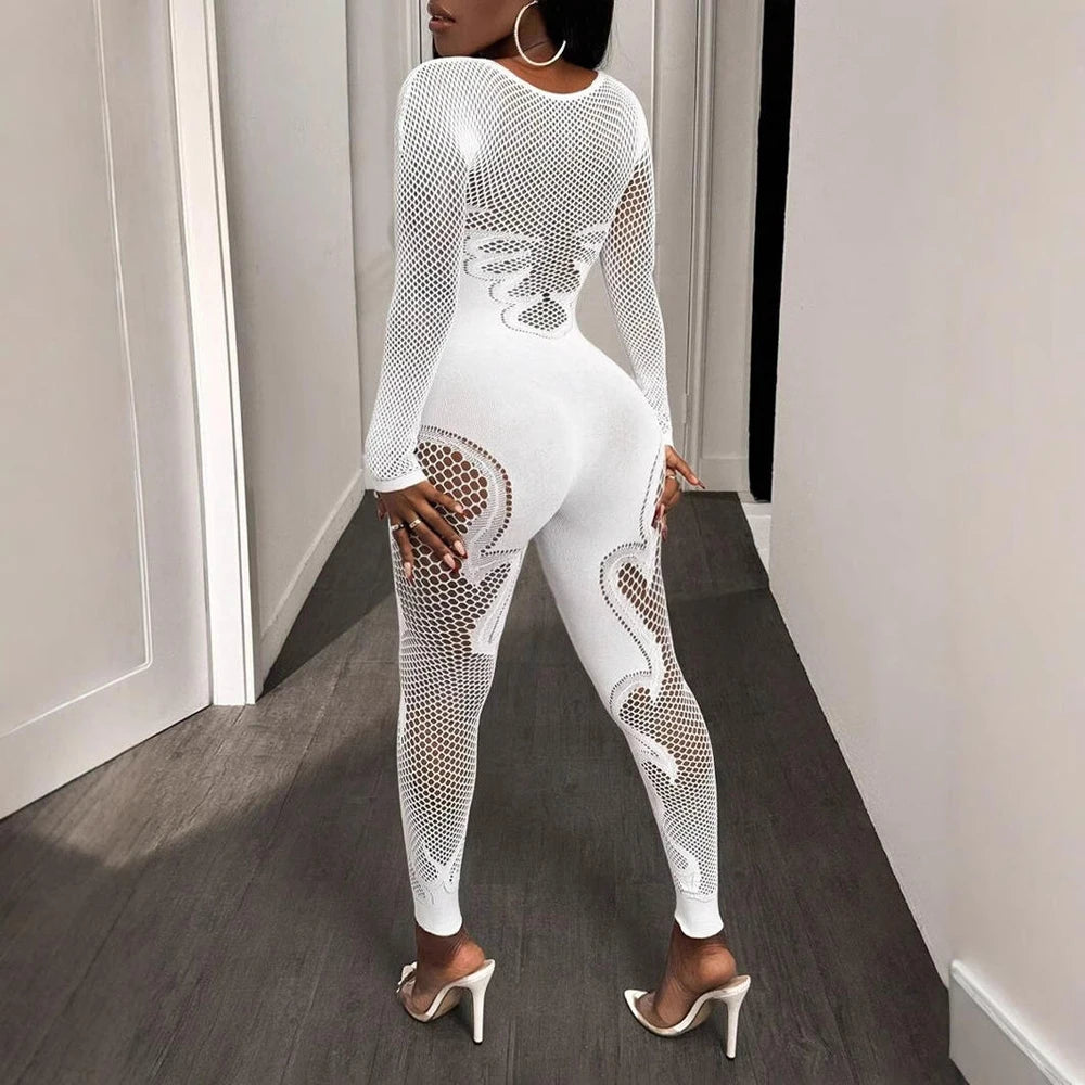 2026 Spring Autumn Woman Jumpsuits Playsuits Sexy Clothing Clubwear Long Sleeve Hollow Out Mesh See Through Fitness Jumpsuit