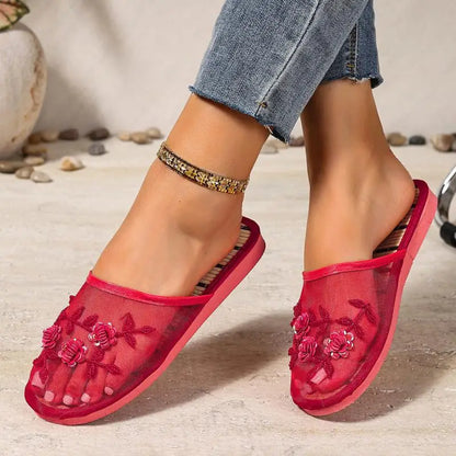 Mesh Breathable Embroider Sequin Flower Mules Shoes Summer Closed Toe Soft Bottom Sandals Female Chinese Style Bamboo Sandals