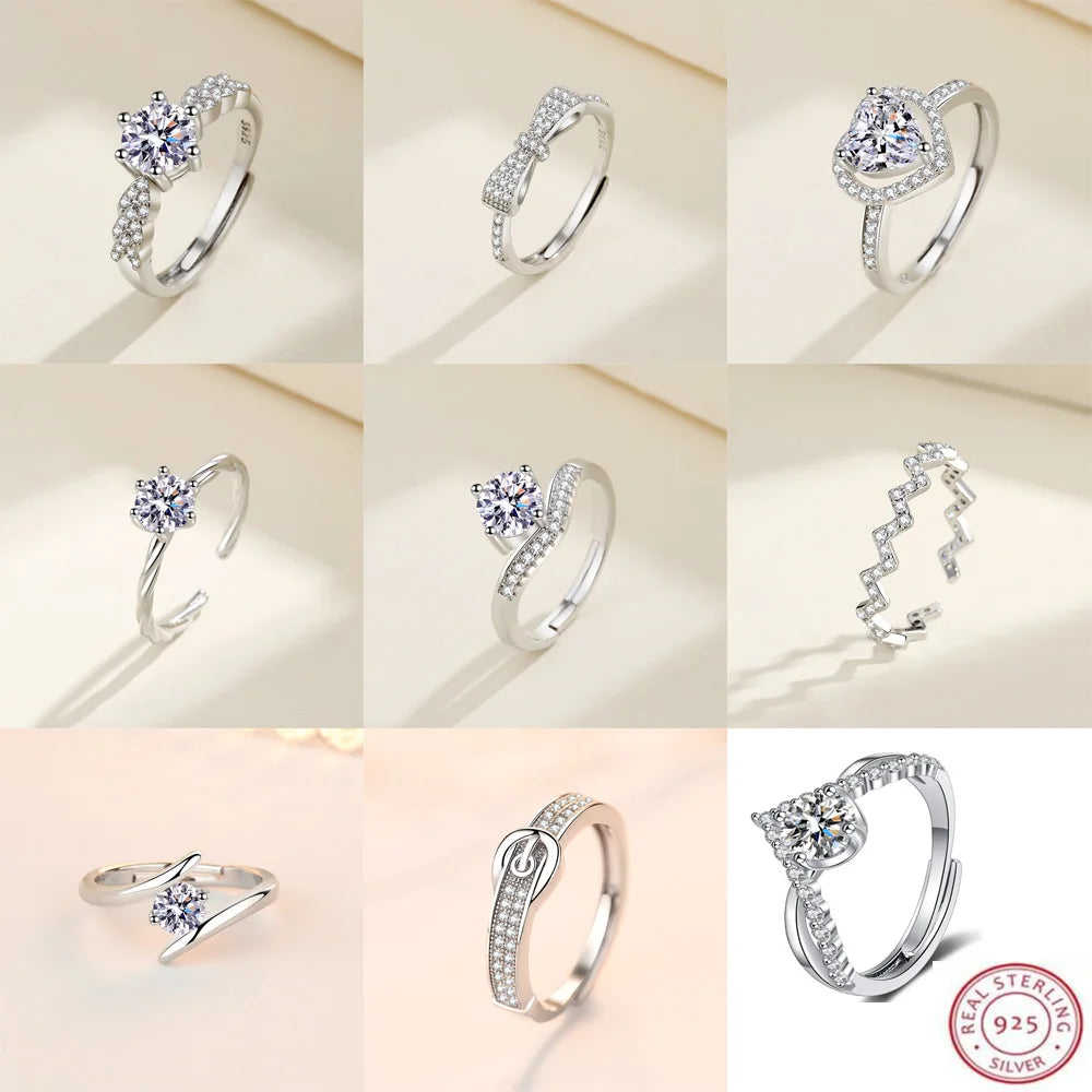 925 Sterling Silver Ring Heart AAA Zircon Open adjustable Engagement For Women Wedding Fashion Jewelry Party Gifts