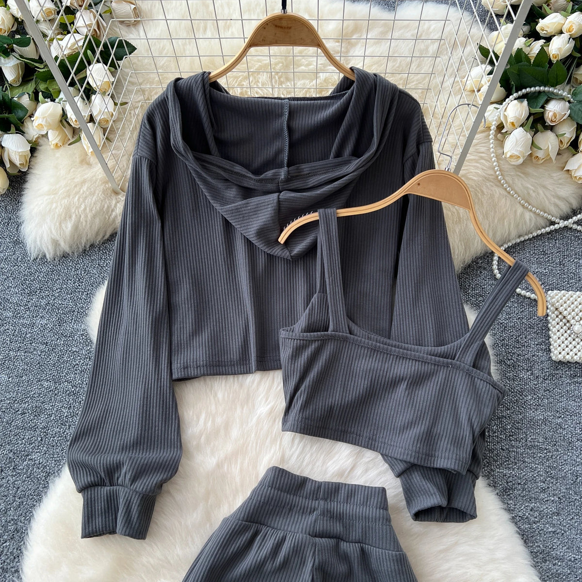 SINGREINY 2026 Autumn Sporty Suits Ladies Full Sleeves Hoodies+Sling Mini Camis+Drawstring Long Pants Casual Three Pieces Sets