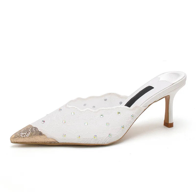 Luxury Rhinestones Mesh Lace Women Pumps Sandals Summer Elegant Pointed Toe 8cm Thin High Heels Mulse Sides  Fashion Party Shoes