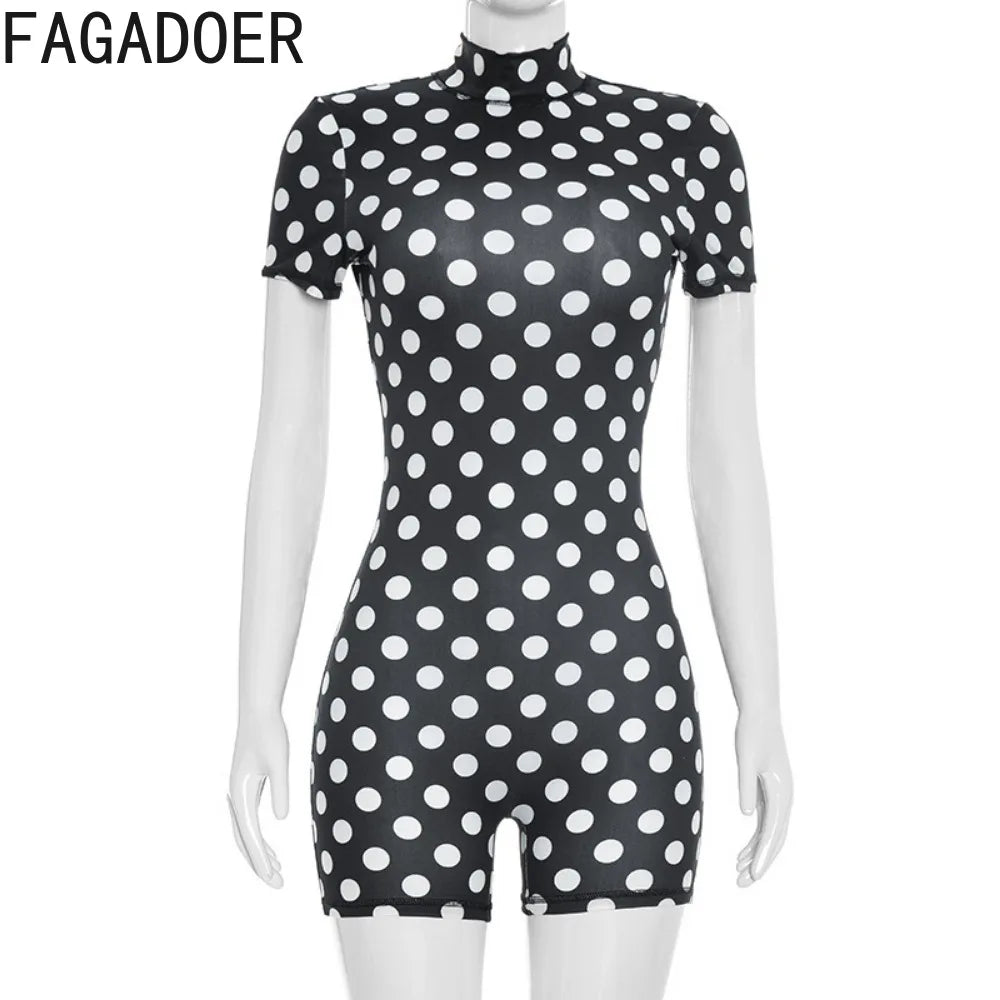 FAGADOER Retro Big Polka Dot Bodycon Rompers Women Short-sleeve Back Hollow Out Ruched Jumpsuits Streetwear Party Club Playsuits