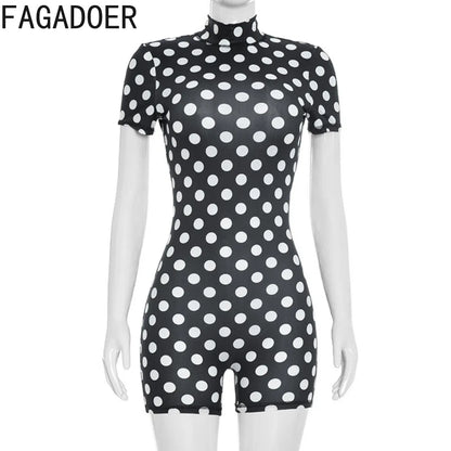 FAGADOER Retro Big Polka Dot Bodycon Rompers Women Short-sleeve Back Hollow Out Ruched Jumpsuits Streetwear Party Club Playsuits