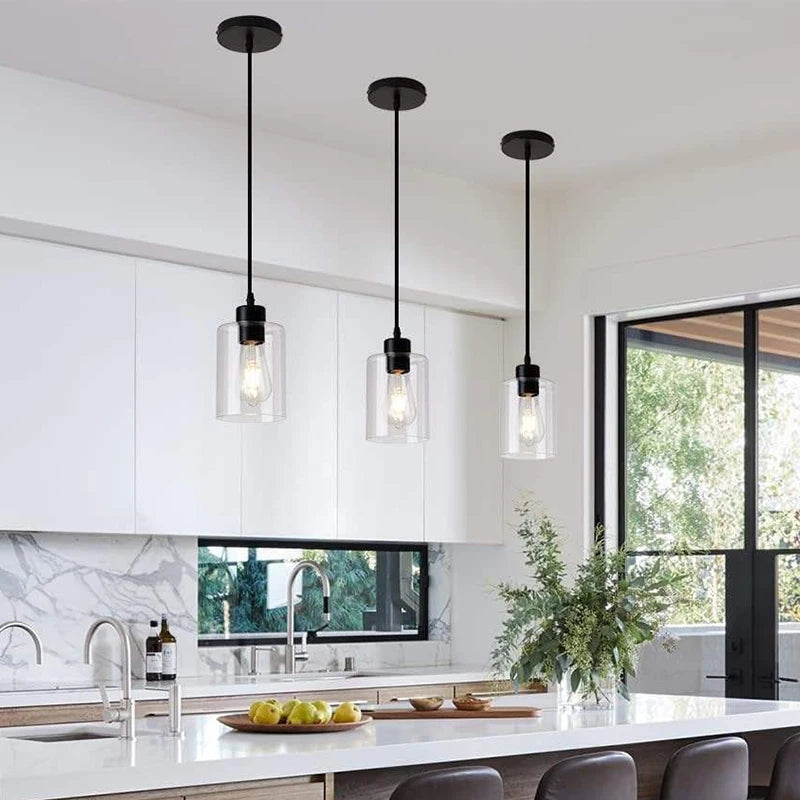 Modern Industrial Pendant Lamp Glass Hanging Adjustable Height Kitchen Dining Room Bedroom Bedside Bathroom Decor Lights