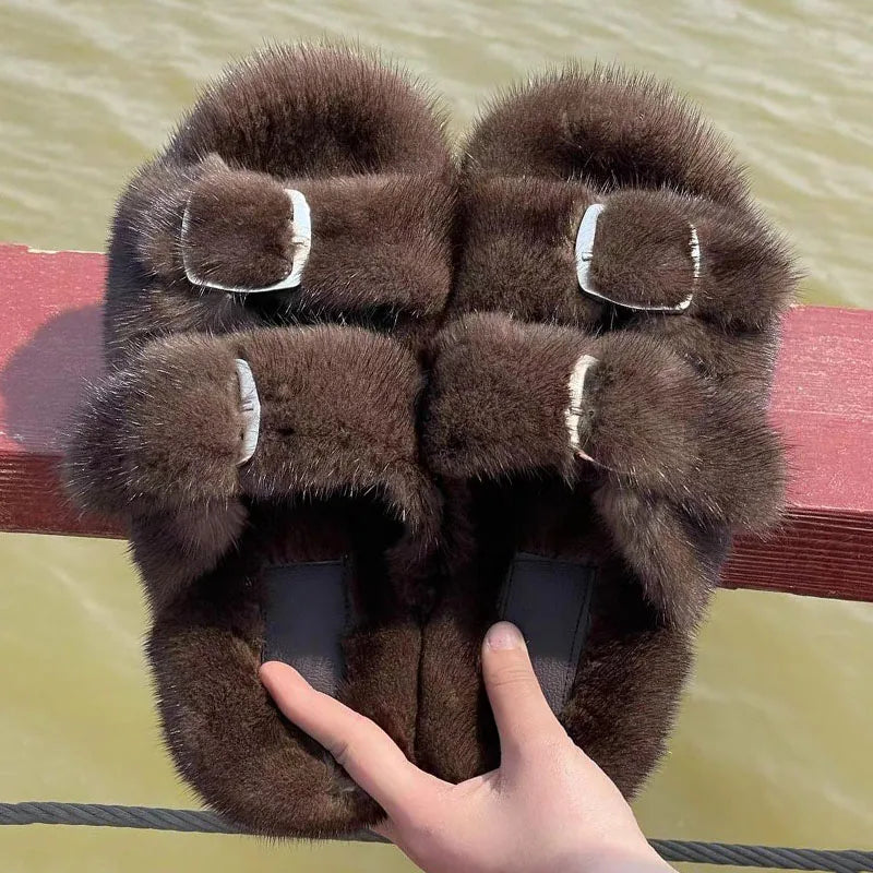 Luxury Designer Slipper Women 2025 Winter European Fashion Women's Shoes Ladies Slippers 100% Mink Slippers Shoes for Woman