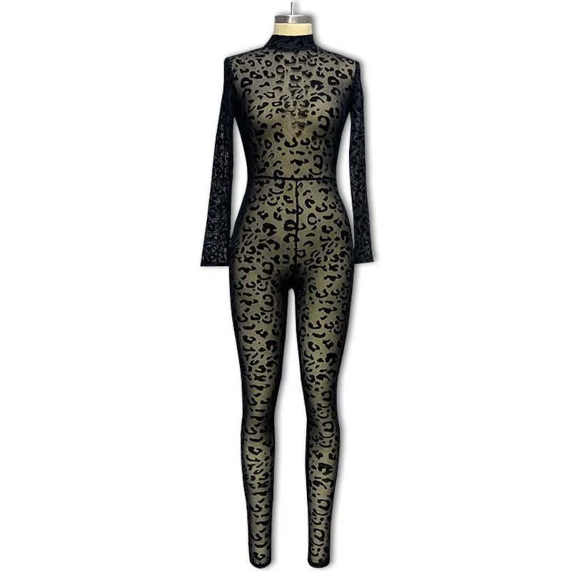 Leopard Print New Women's Jumpsuit Slim Long-sleeved Sexy Flocked See-through Slimming Jumpsuits For Woman Комбинезон Женский