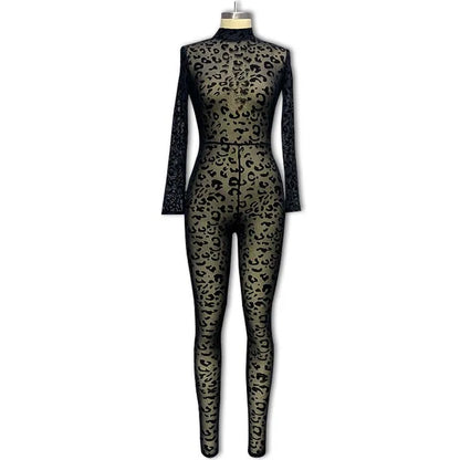 Leopard Print New Women's Jumpsuit Slim Long-sleeved Sexy Flocked See-through Slimming Jumpsuits For Woman Комбинезон Женский