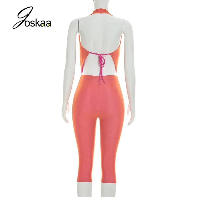 Joskaa Sexy Patchwork 2 Piece Set Women Cowl Neck Halter Backless Tie-Up Crop Top+High Waist Capri Pants Matching Party Clubwear