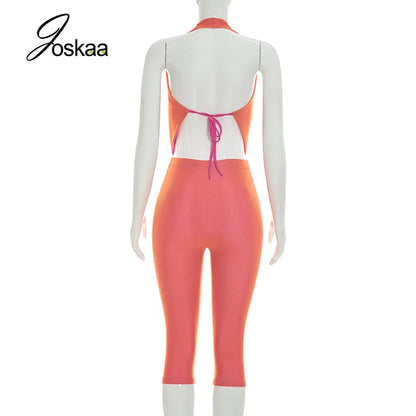 Joskaa Sexy Patchwork 2 Piece Set Women Cowl Neck Halter Backless Tie-Up Crop Top+High Waist Capri Pants Matching Party Clubwear