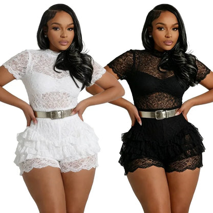 Doyerl Black White Lace Club Wear Women's Jumpsuits and Rompers See Through Patchwork Ruffles Party Playsuit Shorts Without Belt