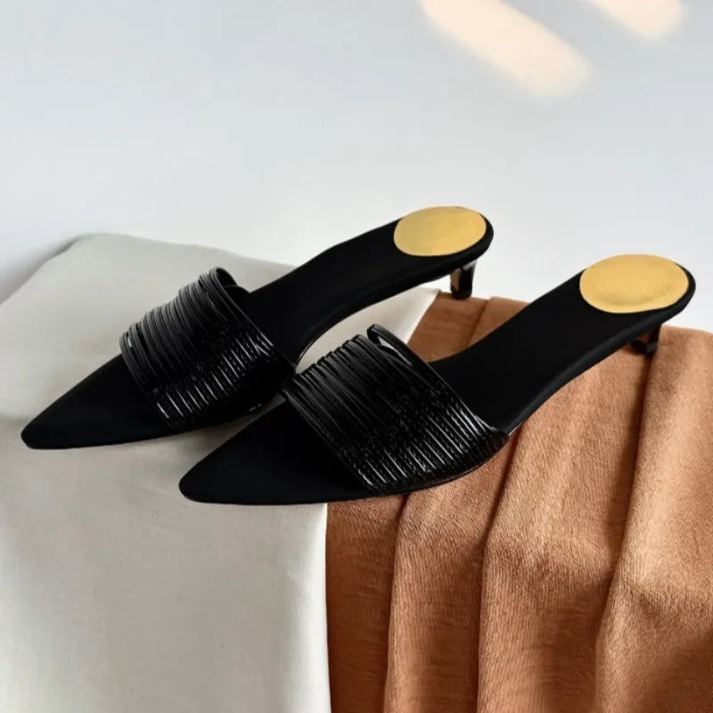 Black Pointed Toe Narrow-band Mule Slippers Women Sexy Open Toe Kitten Heel Slide Sandals Luxury Gold Embellished Design Shoes