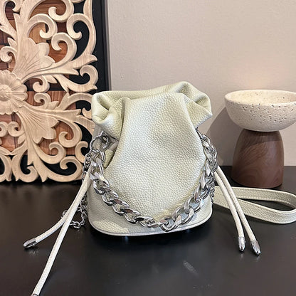 100% Genuine Leather Women Shoulder Crossbody Bags High Quality Solid Color Cow Leather Bucket Handbag Luxury Female Sac